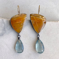 Petrified Wood and Moss Aquamarine Earrings
